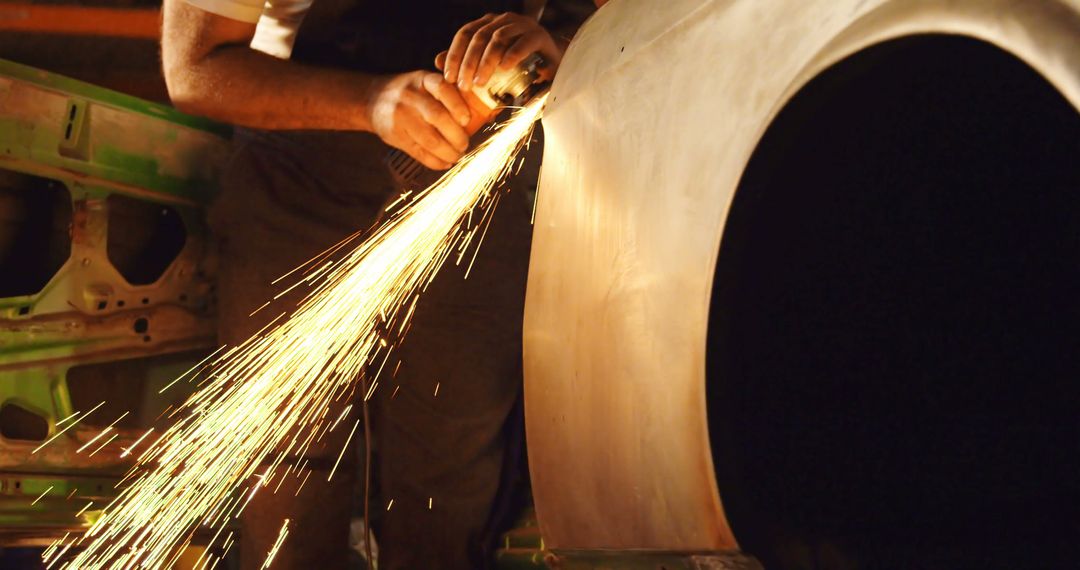 Craftsman Grinding Metal with Sparks in Workshop