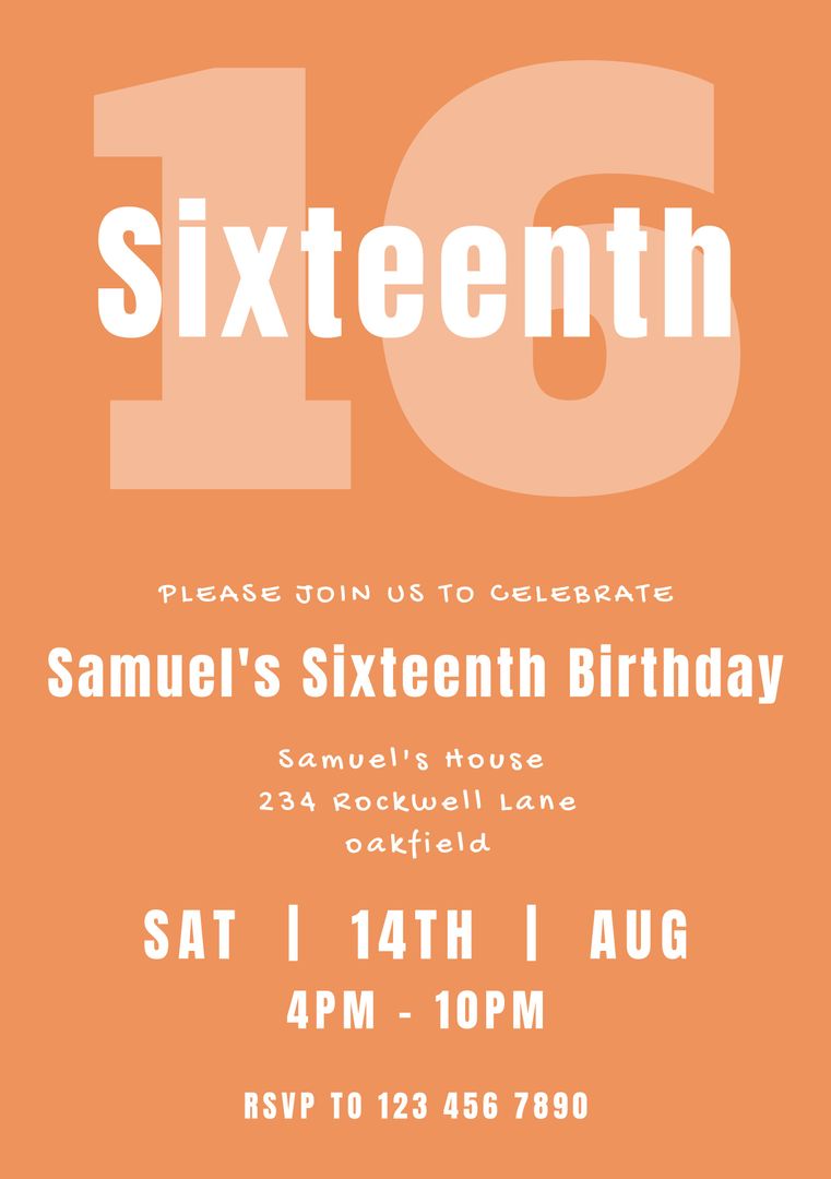 Sweet Sixteen Birthday Invitation with Bold Orange Background - Download Free Stock Templates Pikwizard.com