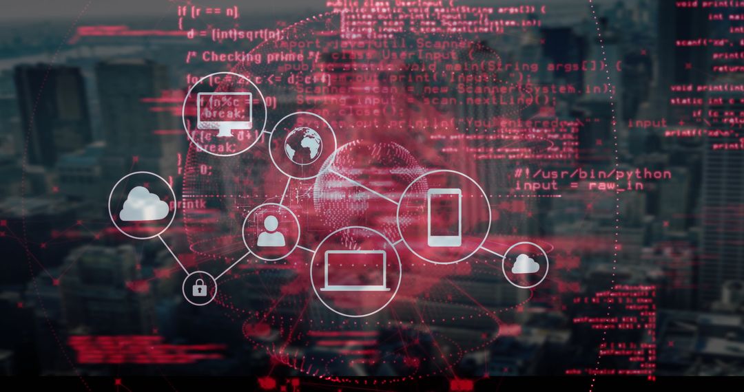 Futuristic Digital Network with Code and Cityscape Overlay