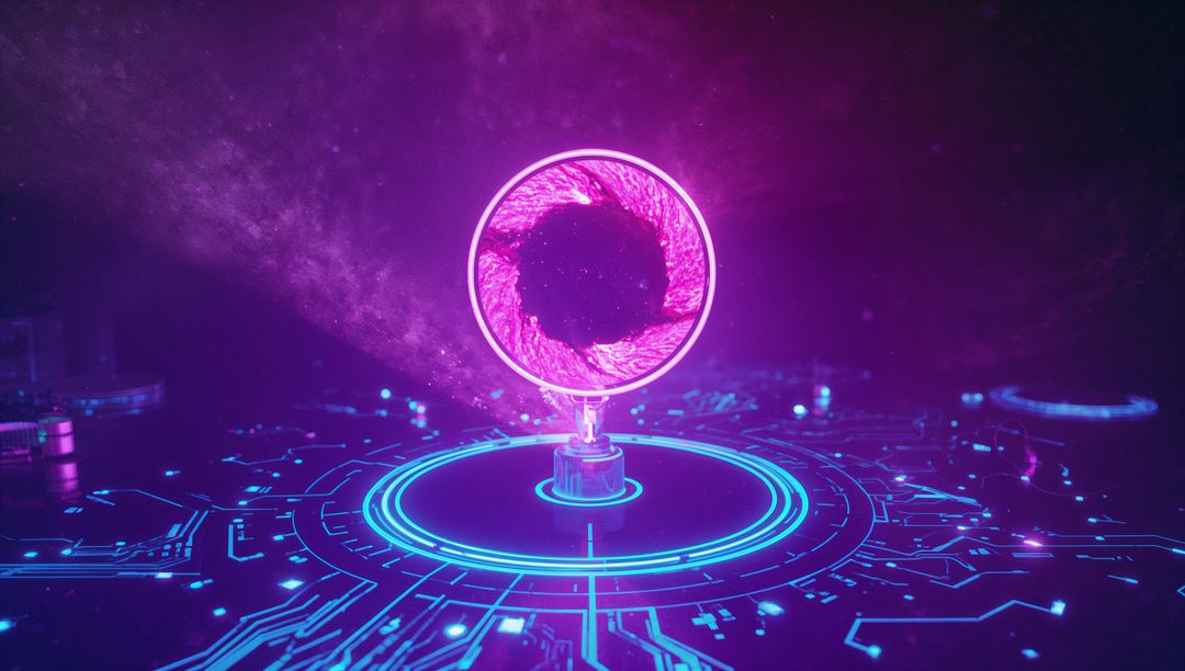 Futuristic Neon Portal on Circuit Platform with Pink and Blue Lights