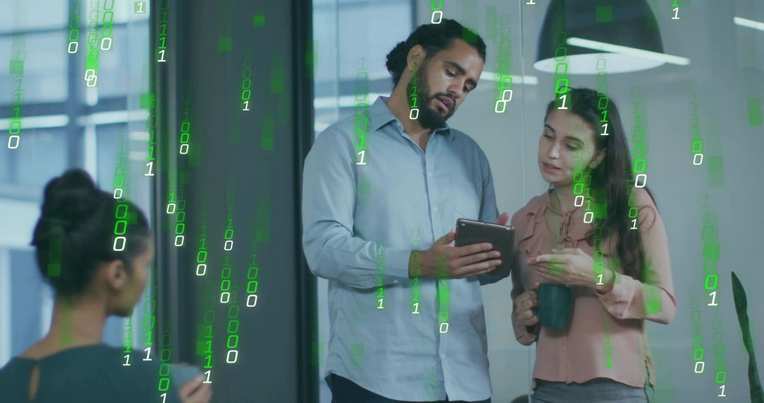 Two Professionals Collaborating on Tech in Modern Office with Binary Overlay