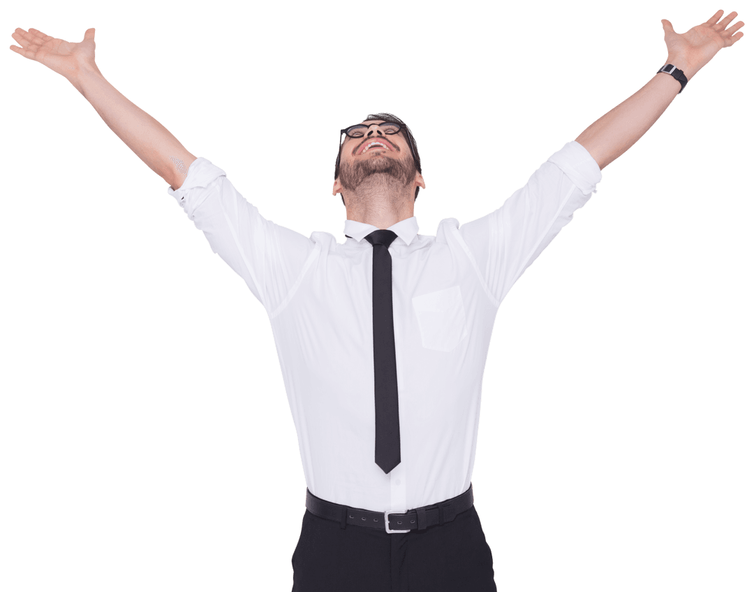 Excited Businessman With Raised Arms Transparent Background