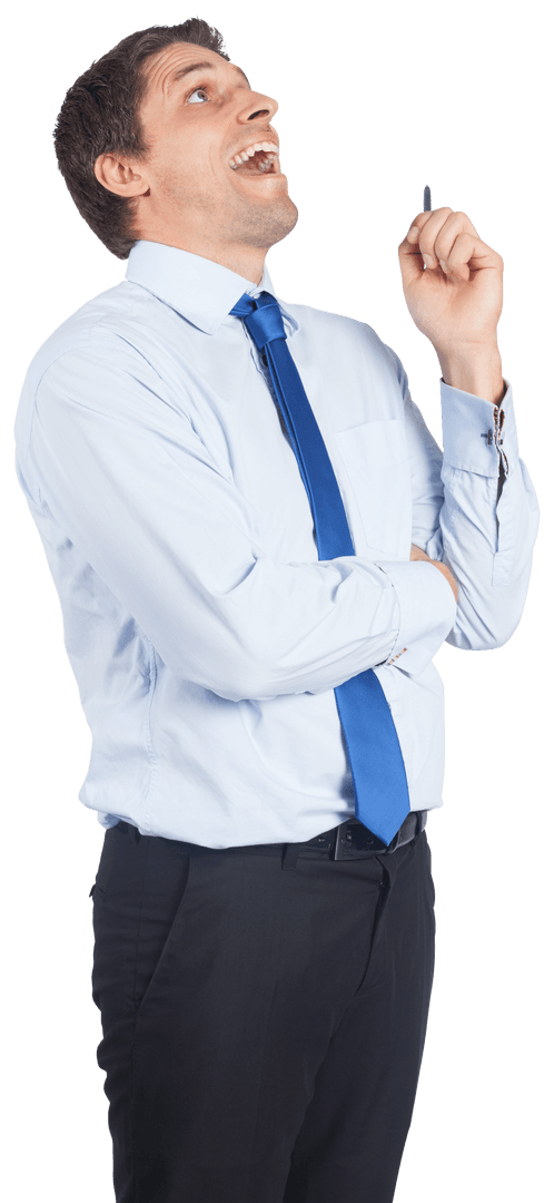 Smiling Businessman Holding Pen on Transparent Background