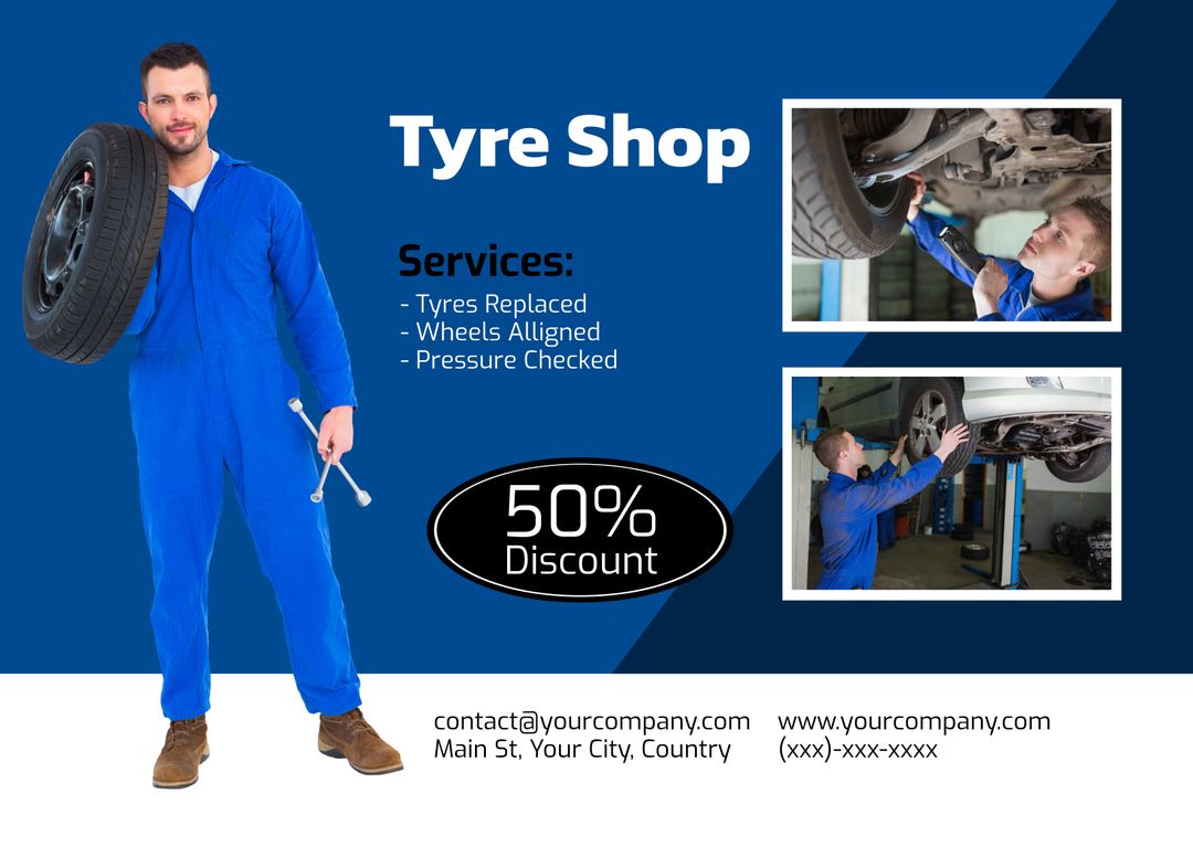 Professional Tyre Shop Promotion with Mechanic and Service Details - Download Free Stock Templates Pikwizard.com