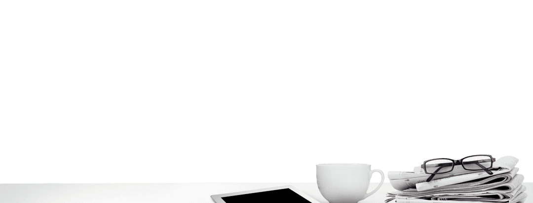 Transparent Desk Setup with Tablet, Newspapers, Mug and Glasses