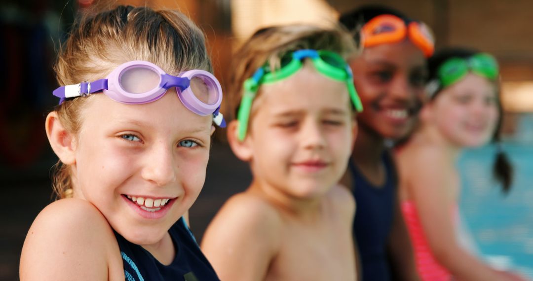 Smiling Children Wearing Goggles Near Swimming Pool - Free Images, Stock Photos and Pictures on Pikwizard.com