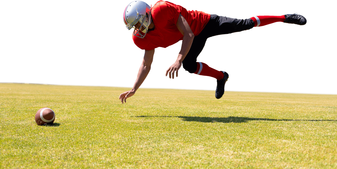 Caucasian Rugby Player Jumping Towards Ball on Transparent Background