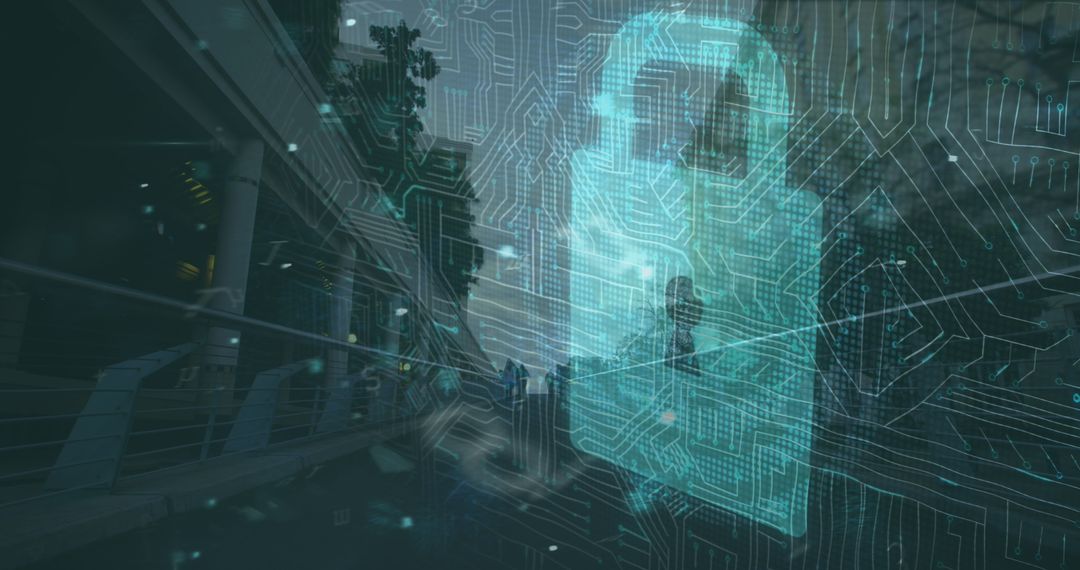 Cybersecurity Concept with Cityscape and Digital Lock Overlay