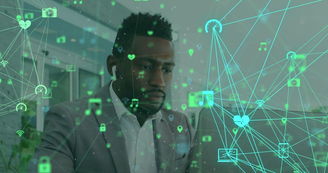 Businessman Amid Digital Network Connections Visualizing Global Technology