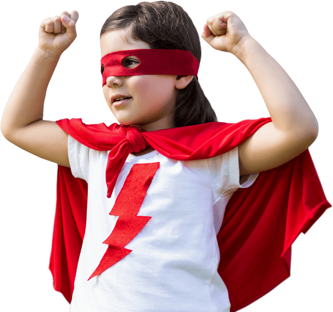 Child Dressed as Superhero in Red Mask and Cape Transparent Theme