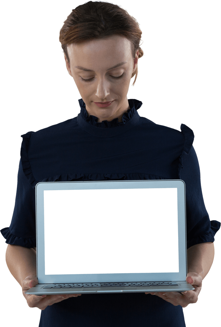 Businesswoman Displaying Laptop with Transparent Background