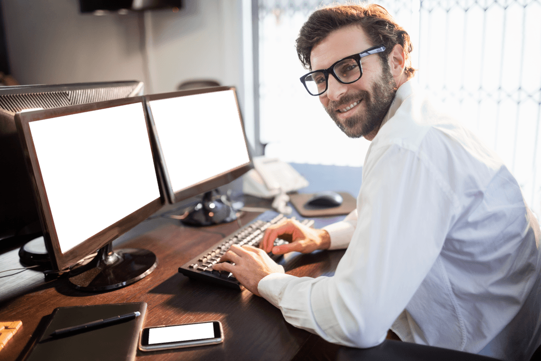 Transparent Professional Working at Desk with Computer in Office Environment