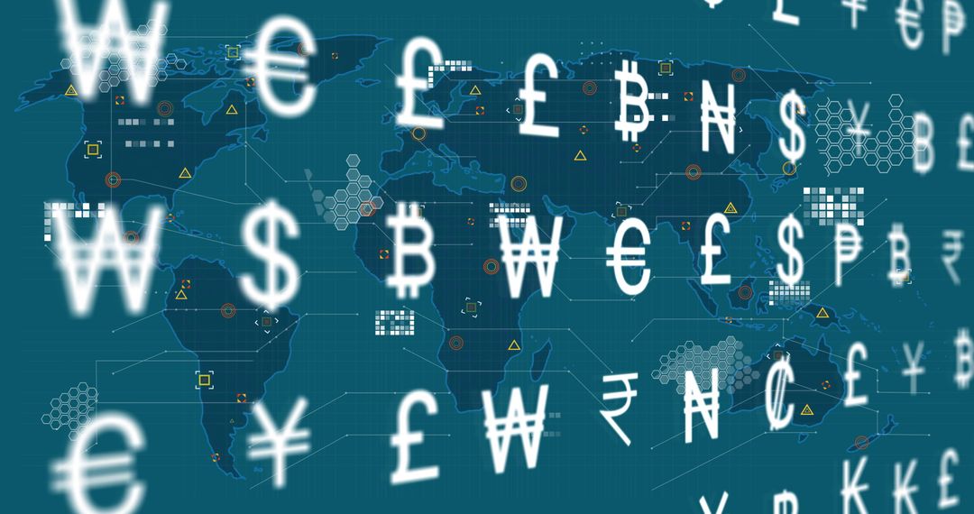 Flying Global Currency Symbols on Digital World Map Background