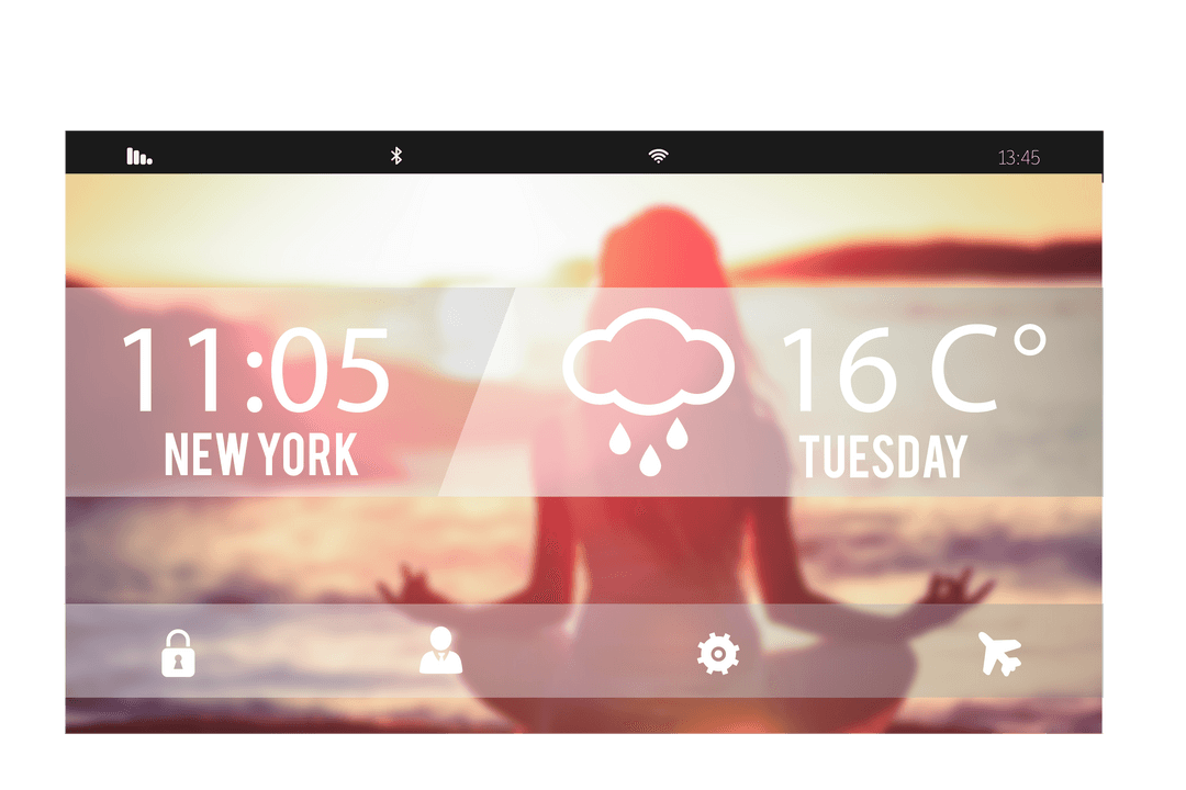 Transparent Weather Interface Overlay on Woman Practicing Yoga