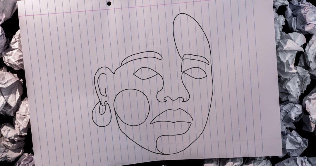 Minimalist Sketch of Woman Face on Lined Paper with Crumpled Background
