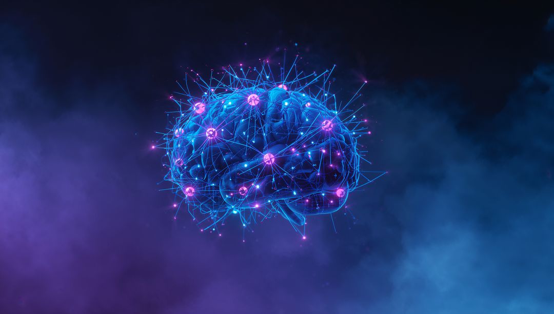 Futuristic Digital Brain with Neon Nodes in Dark Space