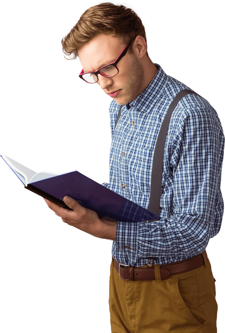 Transparent Image of Geeky Student Reading Book in Glasses
