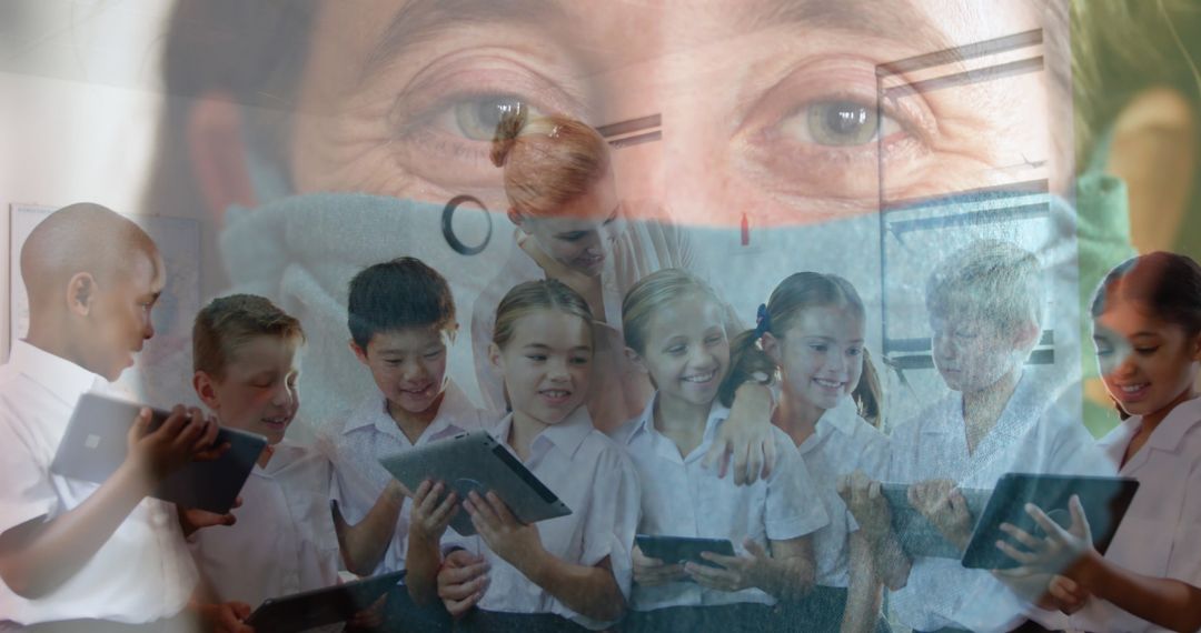 Caucasian Woman in Mask Over Classroom Scene for Pandemic Education