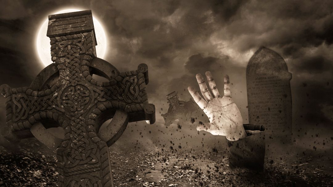 Ghostly Hand Rising from Grave with Celtic Cross in Haunted Graveyard