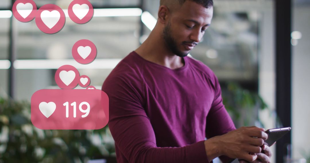 Smiling Professional Engaging with Digital Feedback in Modern Workspace