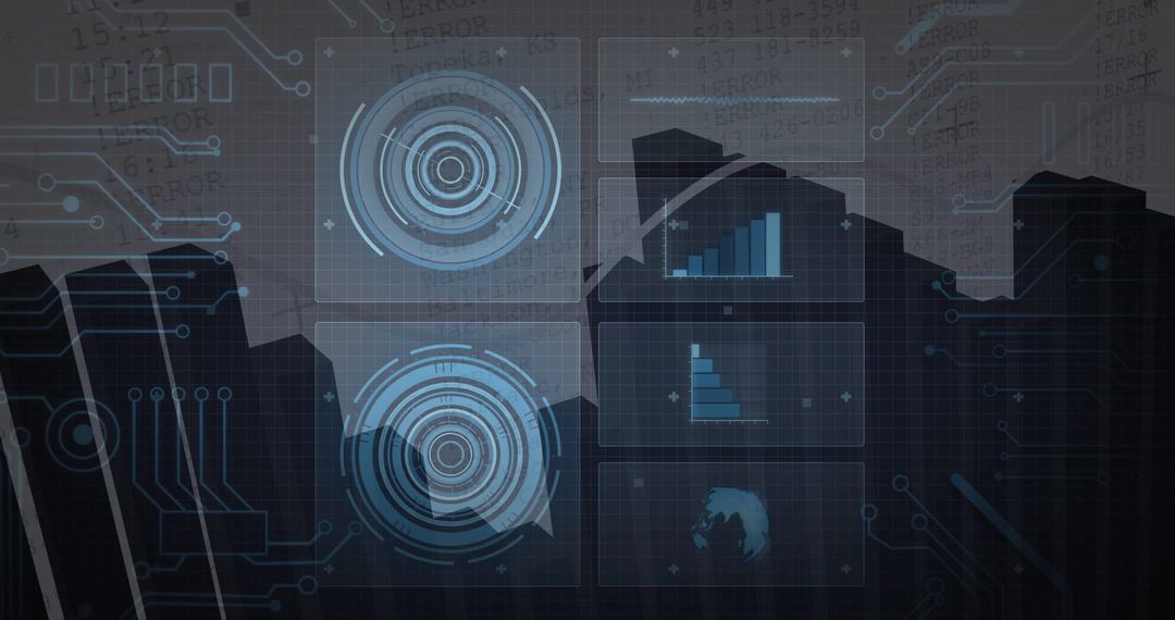 Futuristic HUD Elements Over Urban Skyline at Dusk