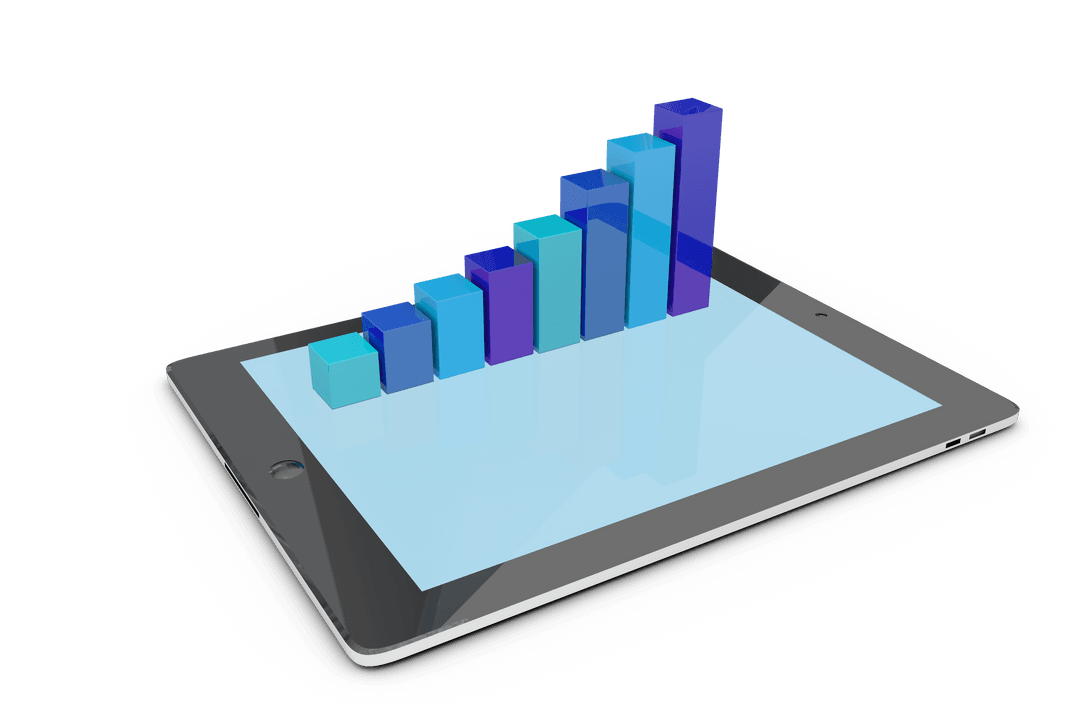Digital tablet displaying blue bar chart on transparent surface