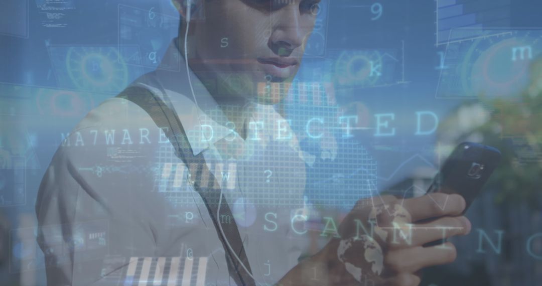 Man Staring at Smartphone with Cybersecurity Overlay