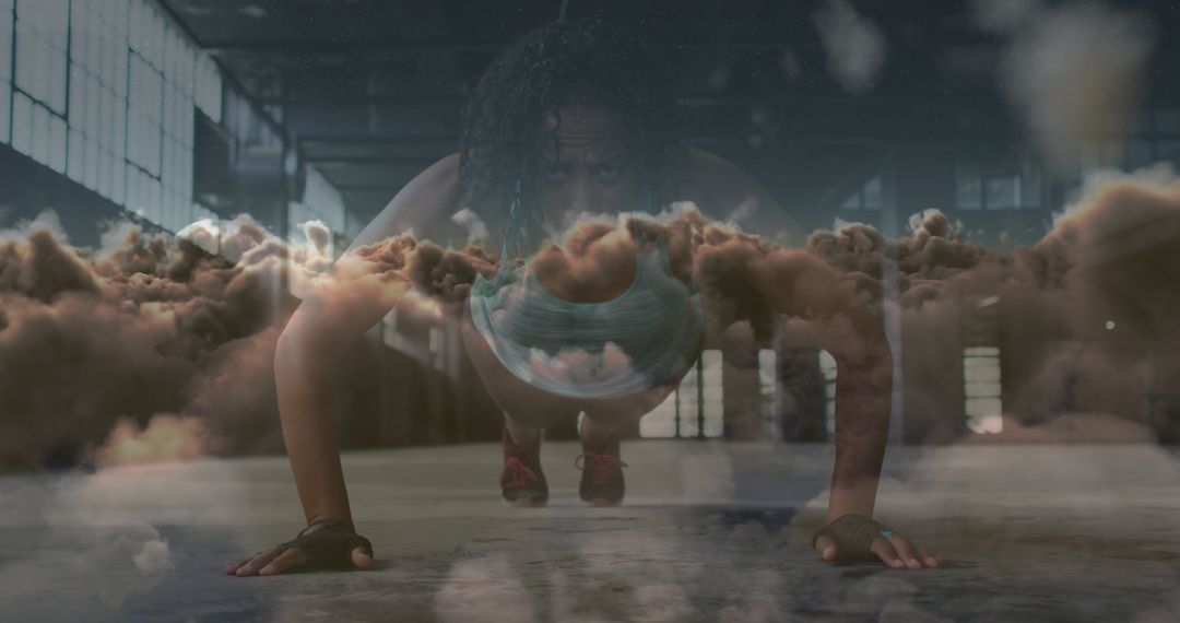 Clouds Over African American Woman Doing Push-Ups, Abstract Fitness Concept