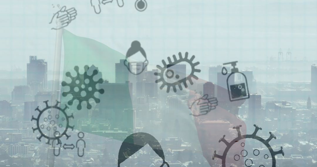 Global Pandemic Icons Overlaying Vibrant Urban Cityscape