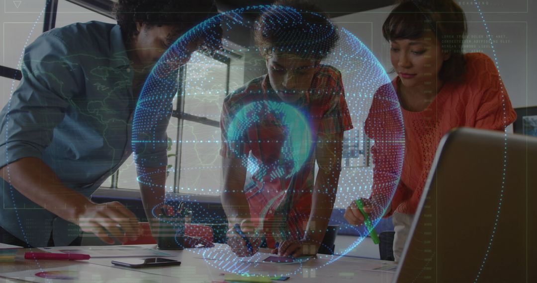 Creative Team Brainstorming with Hologram Globe Display