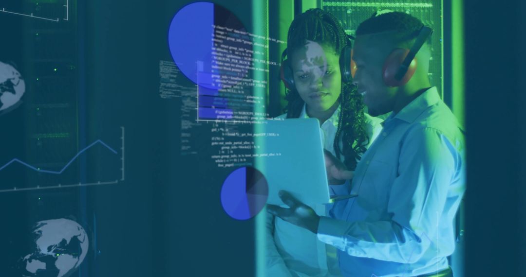 Collaborating IT Professionals Working in Server Room with Data Overlays