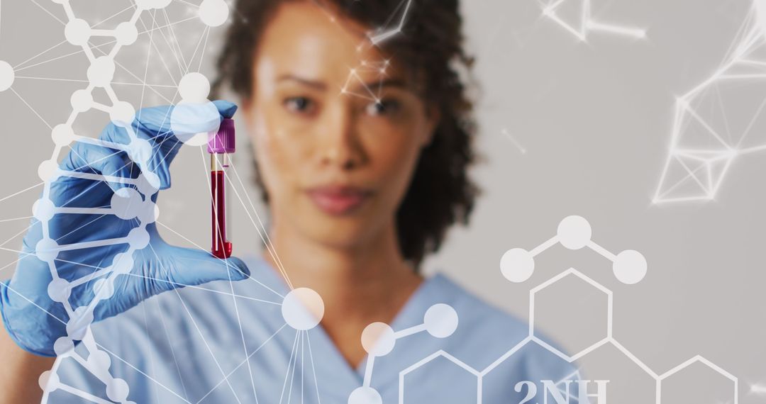 Female Scientist Analyzing Blood Sample with Digital Interface