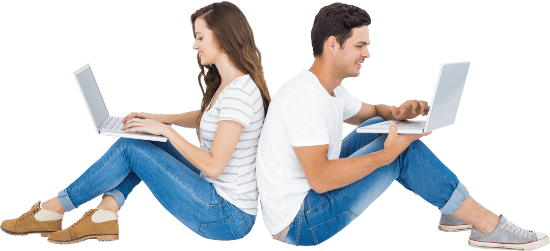 Transparent Friends Chatting Online Back to Back with Laptops