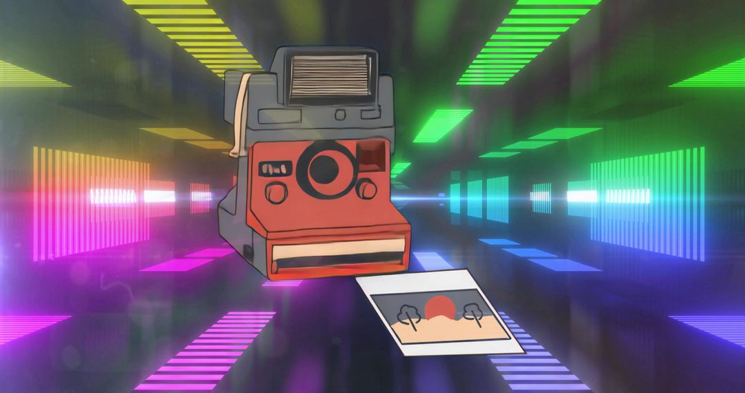 Floating Retro Instant Camera Printing Sunset Print in Neon Vaporwave Tunnel
