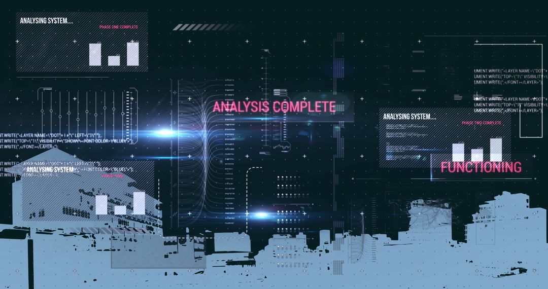Cybernetic Financial Analysis Overlay on Cityscape