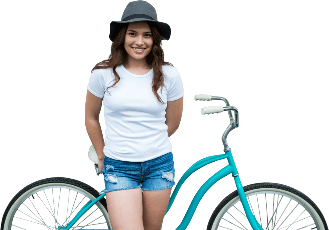 Transparent Smiling Woman in Summer Outfit with Bicycle