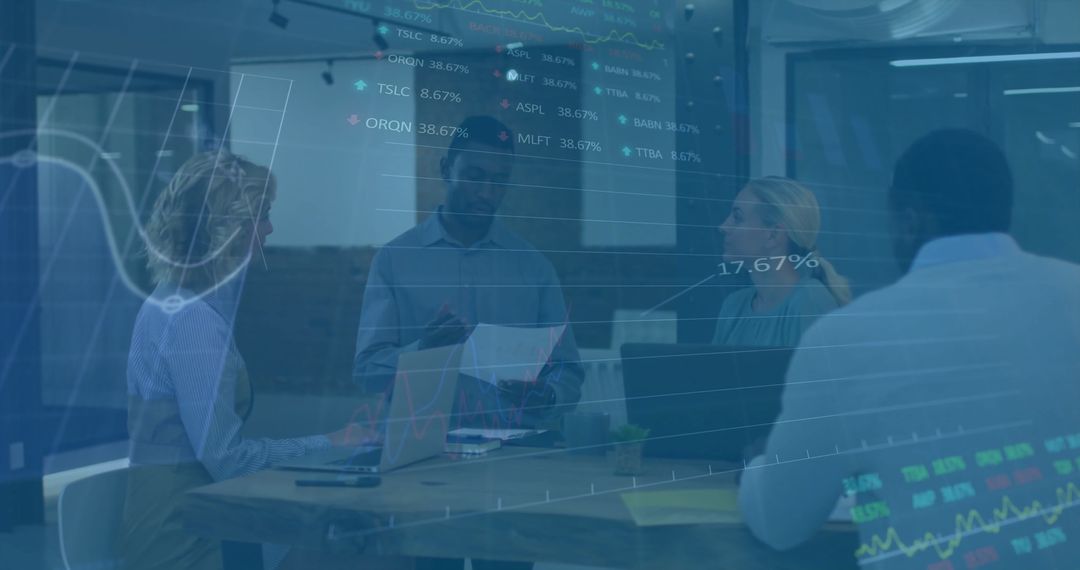 Business Meeting with Financial Data Overlay Visualizing Stock Trends