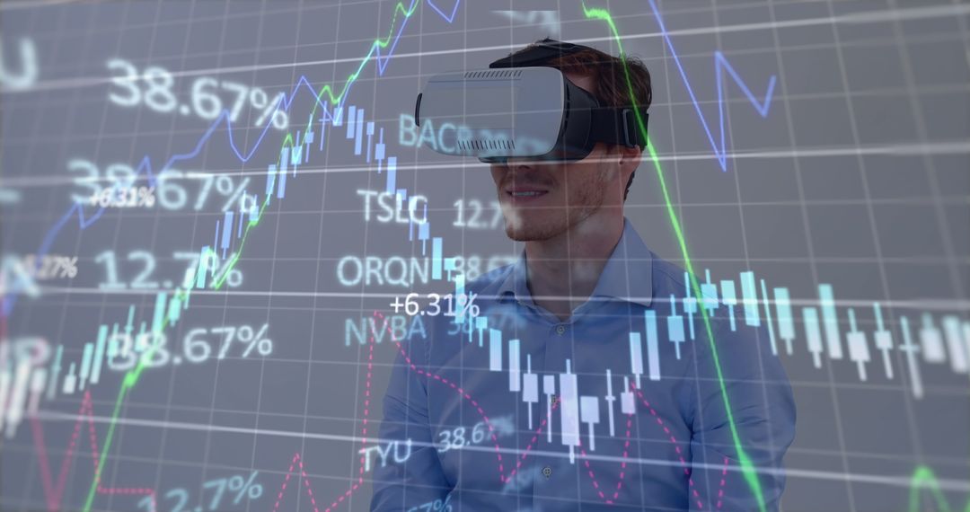 Businessman Using VR Headset with Stock Market Projections