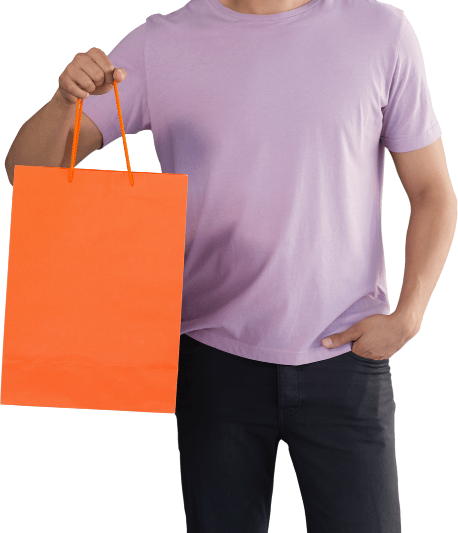 Man Holding Orange Shopping Bag With Casual Style Shirt Transparent Background