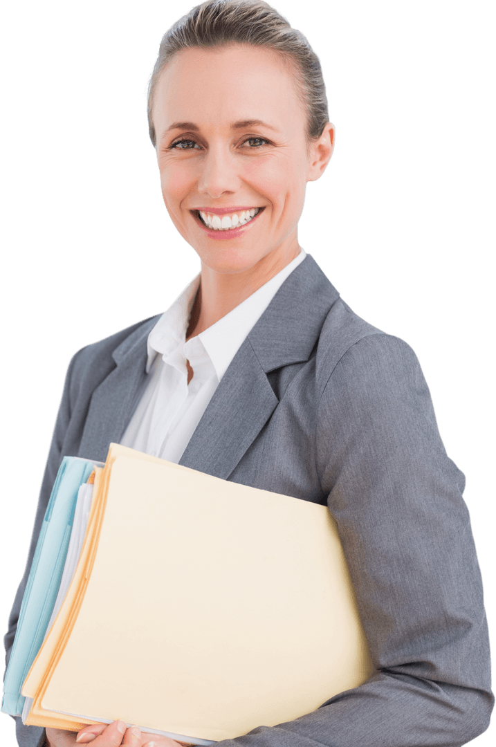 Happy Caucasian Businesswoman Smiling with Documents on Transparent Background