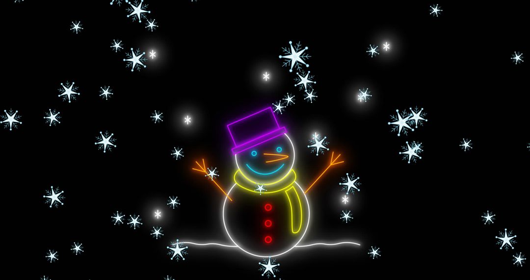 Neon Snowman and Snowflakes on Black Background for Christmas