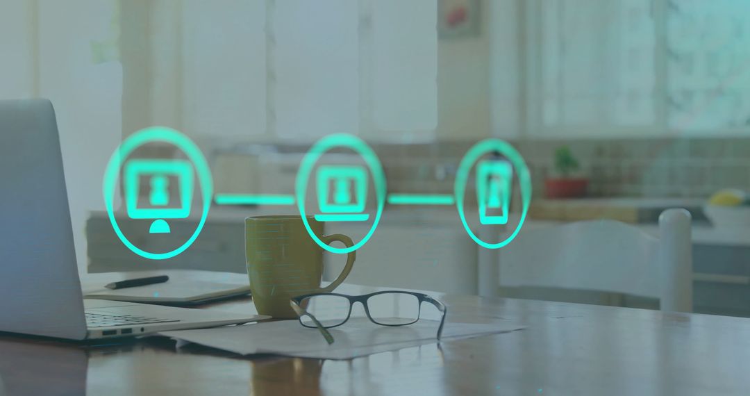 Tech Workspace with Digital Interface Showing Media Icons