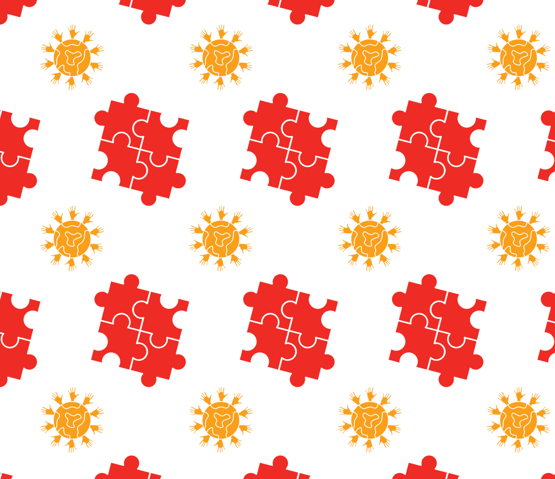 Seamless Red Puzzle and Orange Globe Pattern on Transparent Background