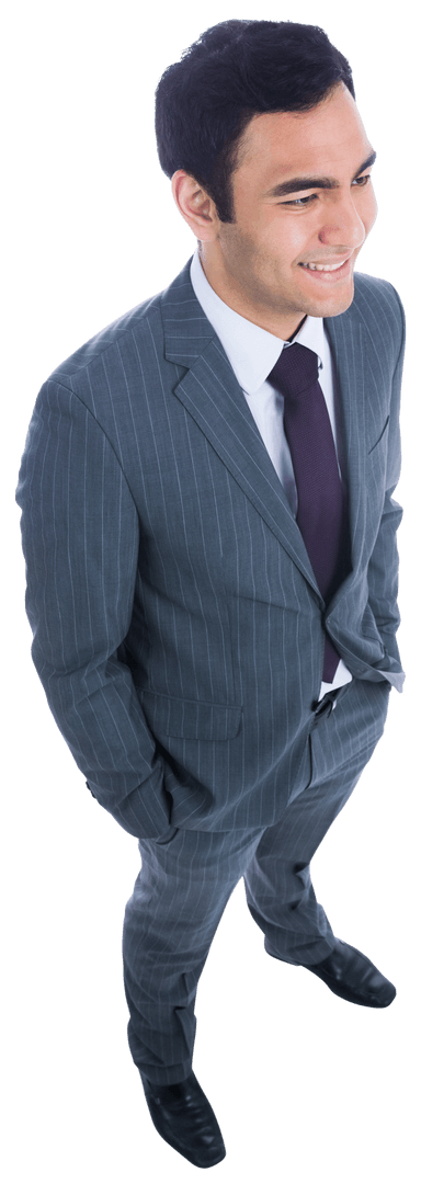 Transparent Smiling Young Businessman in Suit Stands Confident