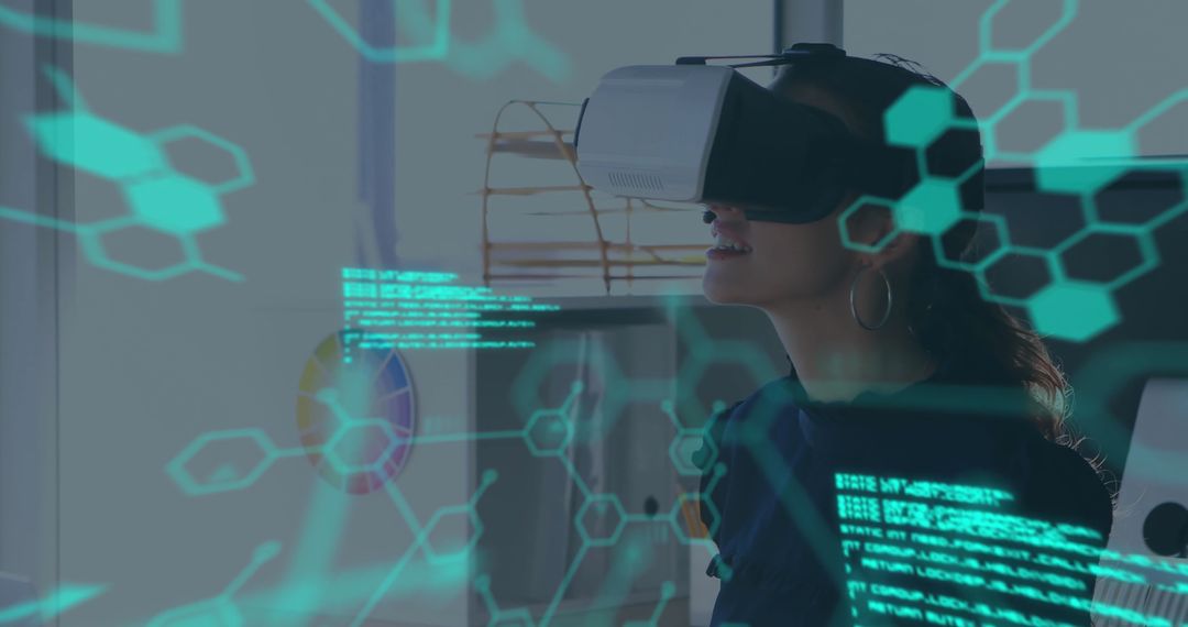Smiling Woman Using VR Headset with Digital Data Overlay