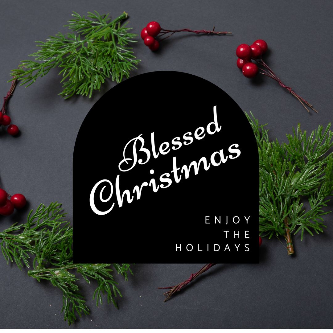 Festive Christmas Greeting with Holiday Berries and Foliage on Gray Backdrop