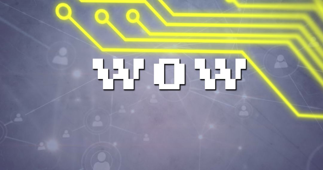 Pixelated 'Wow' Text with Futuristic Digital Circuit Background