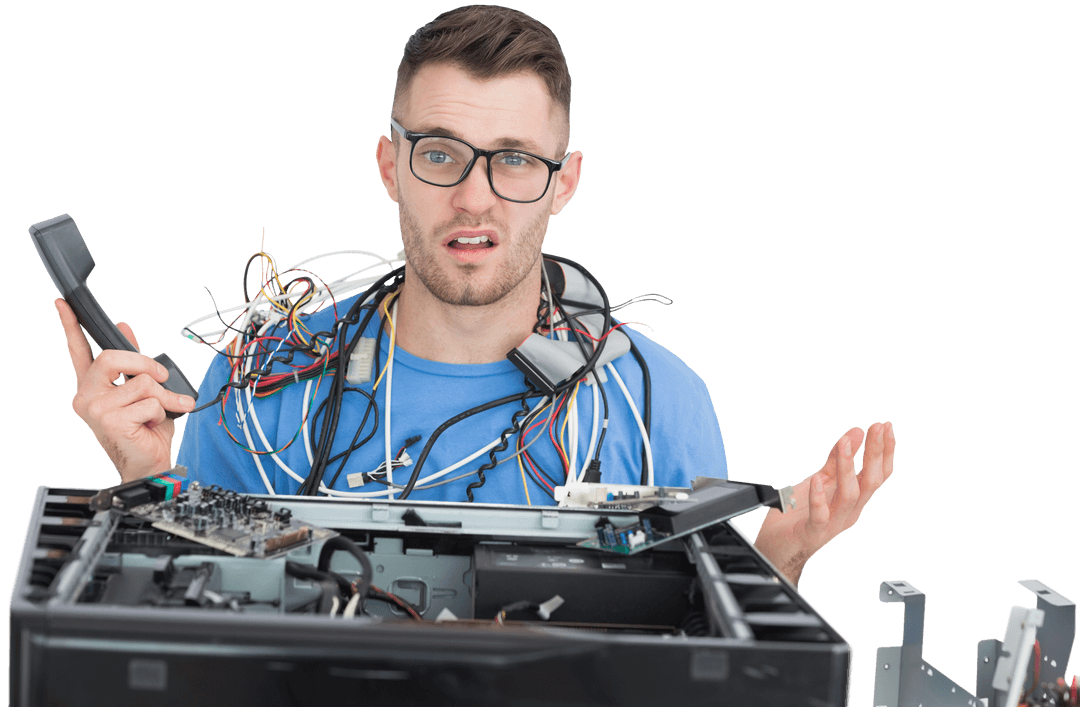 Confused IT Professional Surrounded by Cables in Transparent Setting
