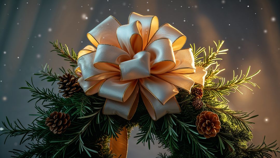 Holiday Wreath with Pine Branches, Cones and Gold Bow