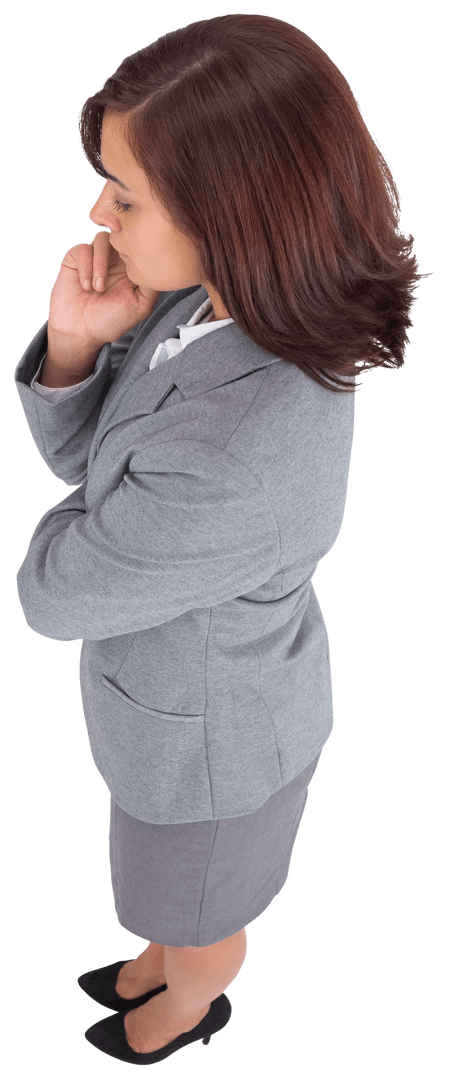 Transparent Thinking Caucasian Businesswoman in Suit Isolated